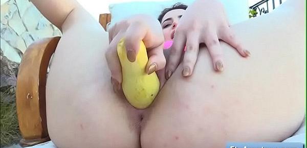 Young cutie amateur Kylie fucks her juicy bald pussy with a large veggie